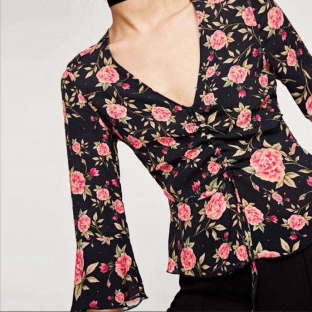 NEW with tags. Black floral Zara Woman v-neck top